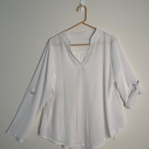 Women's White Split-Neck Long Sleeve Blouse